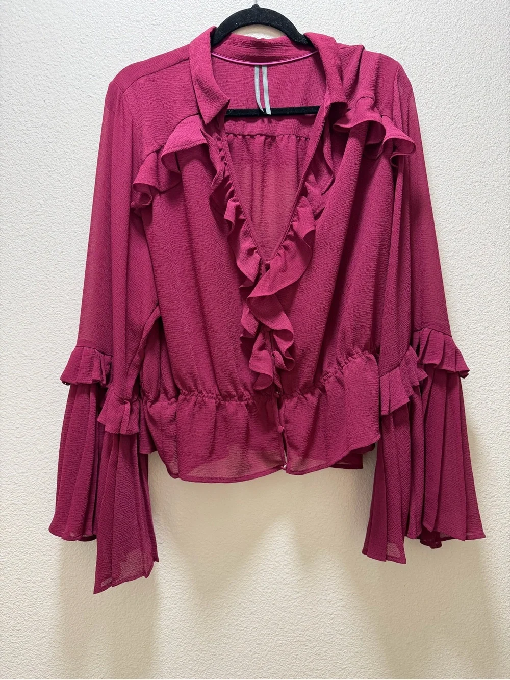 Anthropologie Sheer Ruffles V-Neck Blouse with Flare Sleeves and Fabric Buttons - Picture 5 of 7